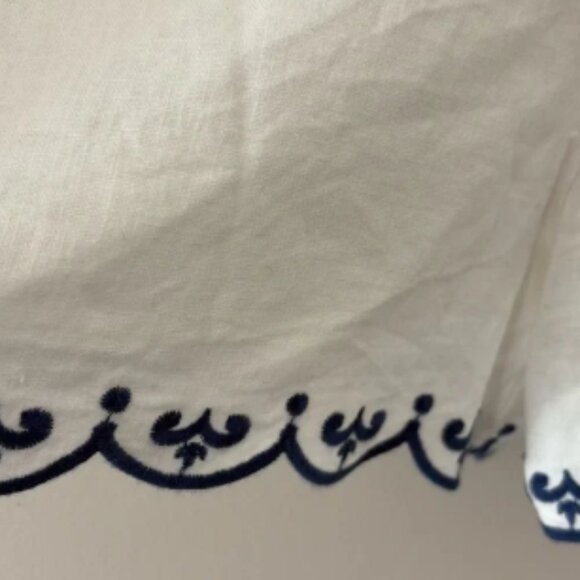 Caroline Constas Linen Blend Romper Embroidered Scallop Design Tie Waist Blue S - Picture 3 of 7